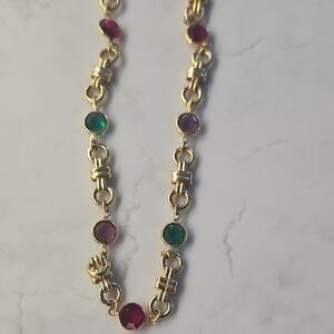 Swarovski Gold Necklace with Red, Green, and Purple Crystals